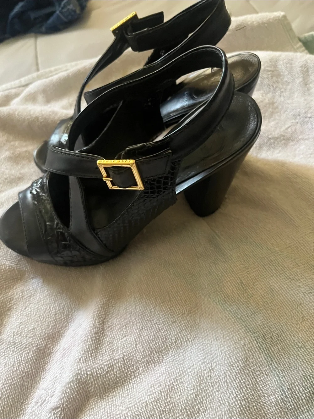 Tory Burch Black Leather Crisscross Slingback Heels with Gold Buckles